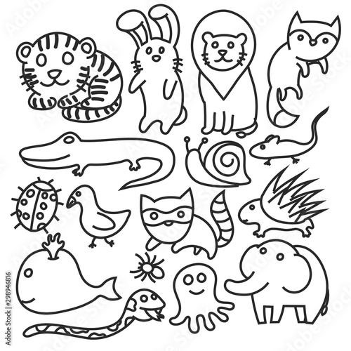 Set of cute animal doodle, black and white