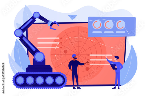 Soldiers at radar planning to use robot for military actions. Military robotics, automated army machinery, military robot technologies concept. Pinkish coral bluevector isolated illustration
