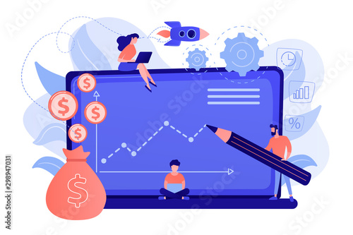 Investment managers with laptops offer better returns and risk management. Investment fund, investment opportunities, hedge fund leverage concept. Pinkish coral bluevector isolated illustration