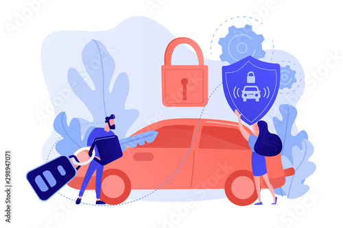 Businessman with car remote key and woman with shield at car with padlock. Car alarm system, anti-theft system, vehicle thefts statistics concept. Pinkish coral bluevector isolated illustration