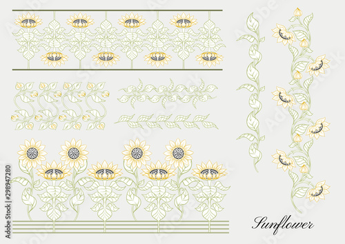 Sunflower. Set of elements for design Colored vector illustration. Outline hand drawing in art nouveau style, vintage, old, retro style..