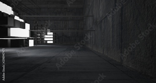 Abstract architectural concrete interior from an array of white cubes with neon lighting. 3D illustration and rendering.