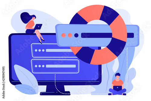 Tiny people programmers with laptops save data on backup server with lifebuoy. Backup server, online backup storage, secondary system server concept. Pinkish coral bluevector isolated illustration