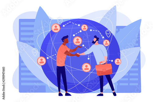 Successful partnership negotiation, partners handshaking. International business, global business collaboration, international teamwork concept. Pinkish coral bluevector isolated illustration