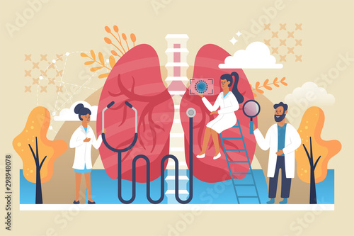 Lungs healthcare concept. Pulmonology examination and treatment with doctors characters. photo