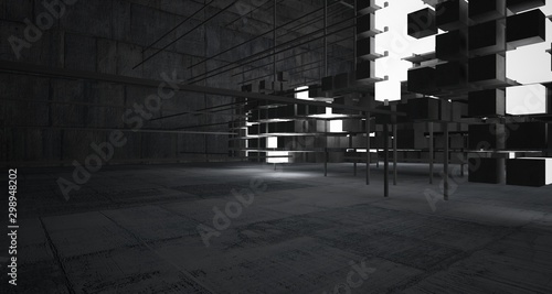 Abstract architectural concrete interior from an array of white cubes with neon lighting. 3D illustration and rendering.