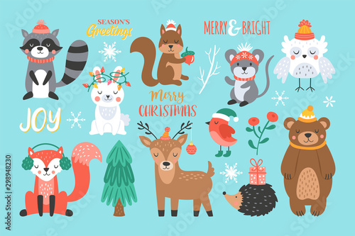 Christmas holiday cute woodland animals set.