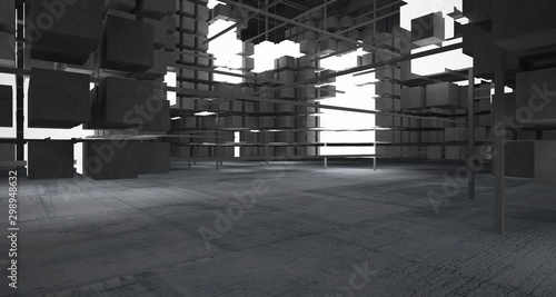 Abstract architectural concrete interior from an array of white cubes with neon lighting. 3D illustration and rendering.