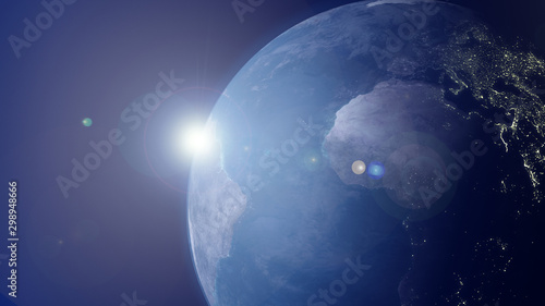 Planet Earth by Day and Night from Outer Space. Africa and Atlantic Ocean View. North Africa, Europe, Western Asia with City Lights. Render 3D. Satellite Images, Space agencies, ​Civilization Concept photo