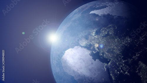 Close Up Planet Earth by Day and Night from Outer Space. Europe, North Pole, North Africa and Middle East Asia with City Lights. Render 3D. Satellite Images, Borders, Civilization and Future Concept