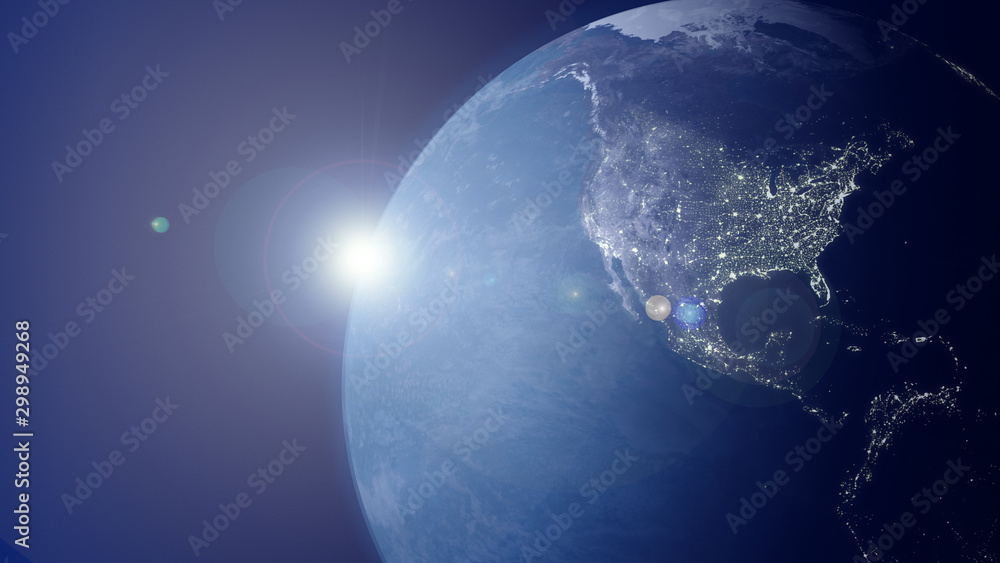 CloseUp North America View from Space. Day Night Background. Image shows Pacific Ocean, Canada, United States and Mexico with city lights. Satellite Imagery. Earth Planet glob map Render 3d HD picture - obrazy, fototapety, plakaty 