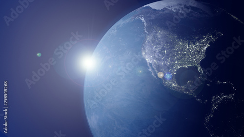 CloseUp North America View from Space. Day Night Background. Image shows Pacific Ocean, Canada, United States and Mexico with city lights. Satellite Imagery. Earth Planet glob map Render 3d HD picture