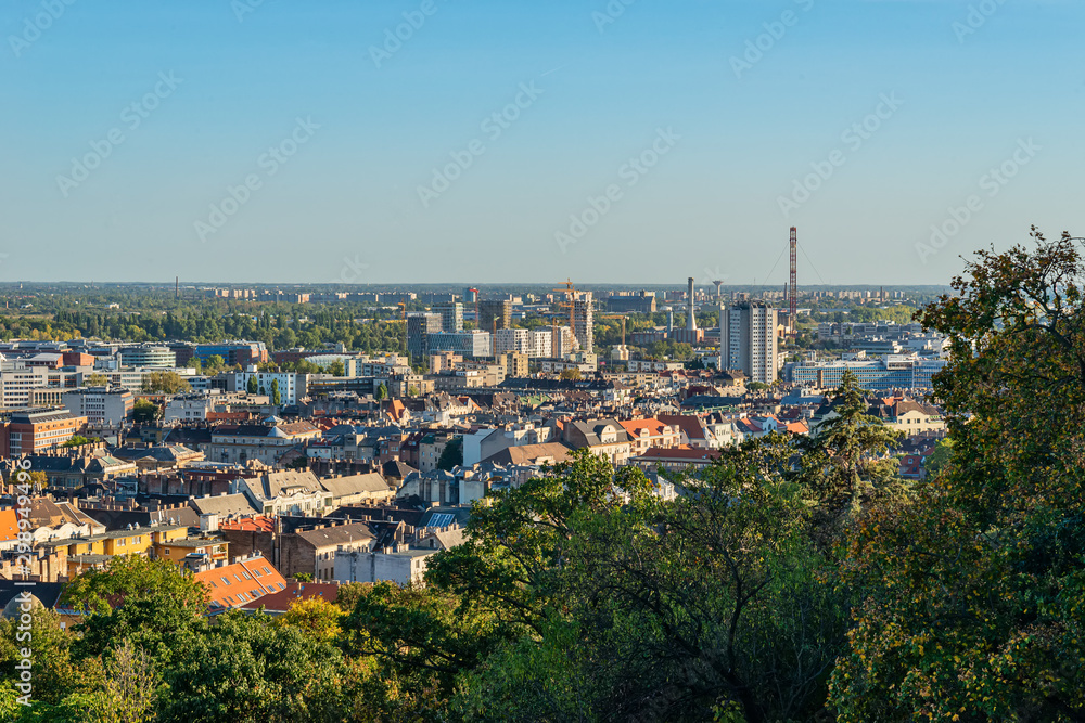 Budapest, Hungary - October 01, 2019: Panoramic cityscape view of hungarian capital city of Budapest (District XI) from the Gellert Hill.