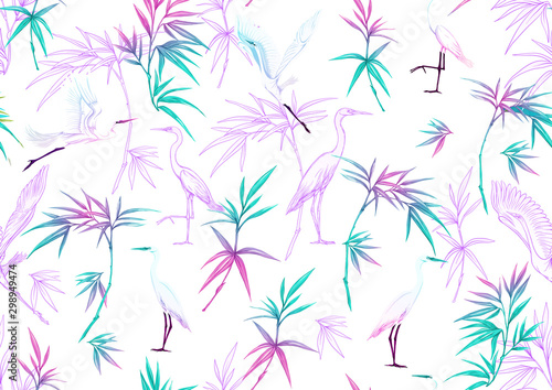 Tropical plants and flowers and birds. Seamless pattern  background. Colored and outline design. Vector illustration in neon  fluorescent colors. Isolated on white background..