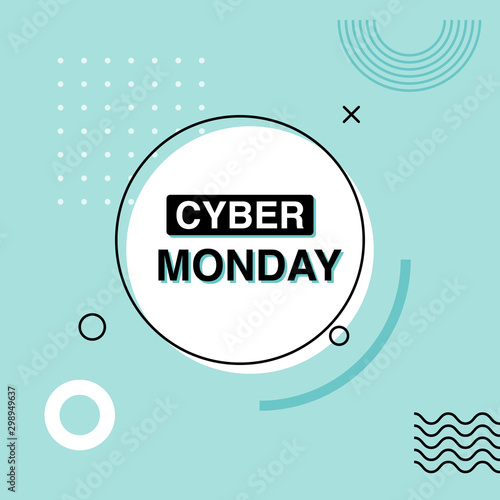 Cyber monday vector advertising banner. Sale design template in memphis style.