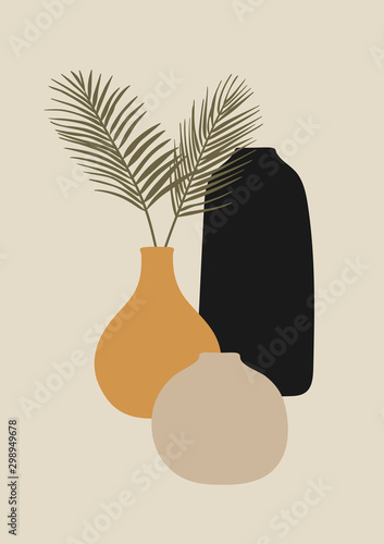 A4 format design for greeting cards, invitations, posters. Vases and palm leaves. Abstract modern minimalist drawing. Stock vector illustration.