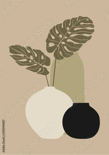 Trendy design for greeting cards, invitations, posters. Vases and monstera leaves. Abstract modern minimalist drawings. A4 format vector illustration.