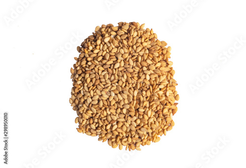 Macro shot of a raw white sesame seed isolated on white background. Top view. Food Background. A scattering of sesame seeds. Healthy food. Natural food.