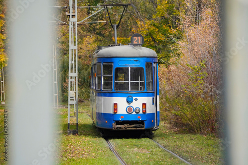 eco-friendly tram in the city, a tourist route in the Park, a walk through the autumn city, modern electric cars.