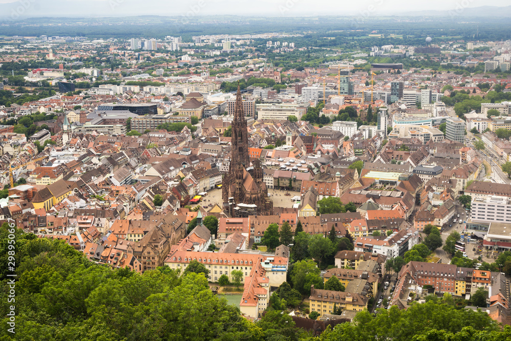 View of the city of Freiburg, Germany with the Freiburg Cathedral seen from the Schlossberg mountain