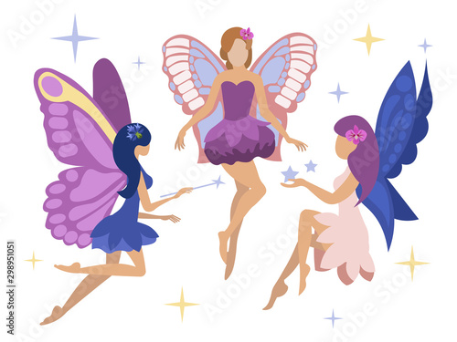 Set, three magic fairies. Isolated on a white background. Flat style. Cartoon vector