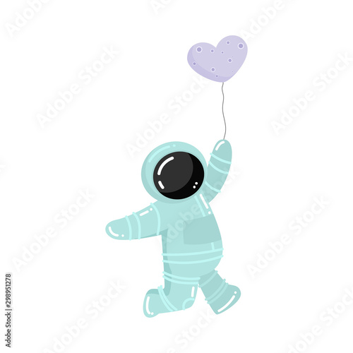 Astronaut standing and holding baloon in heart shape vector illustration