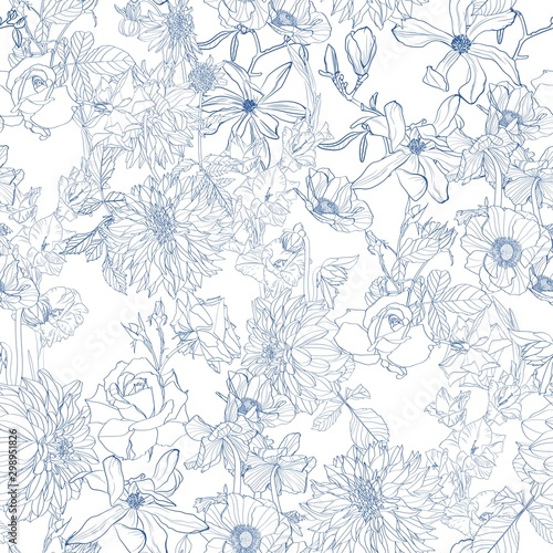 Dahlia. Seamless pattern of many kind of line flowers and leaves. Floral vintage blue background.