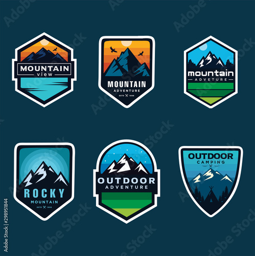 Set Of Mountain Logo Outdoor Adventure, Badges, Banners, Emblem For Mountain, Hiking, Camping, Expedition And Outdoor Adventure. Exploring Nature.