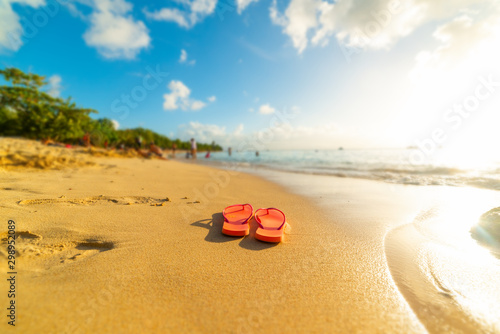 Fototapeta Naklejka Na Ścianę i Meble -  Pink flip flops on Le Souffleur beach in Guadeloupe