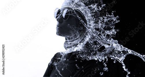 Double exposure of female face in glasses, clock, water and galaxy. Abstract black and white woman portrait. Digital art. Concept of life time. The universe inside us.