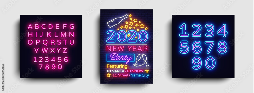 Happy New Year 2020 Party Neon Poster Vector. New year Party neon invitation, design template, modern trend design, Christmas celebretion, light banner, light art. Vector. Editing text neon sign