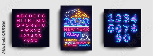 Happy New Year 2020 Party Neon Poster Vector. New year Party neon invitation  design template  modern trend design  Christmas celebretion  light banner  light art. Vector. Editing text neon sign