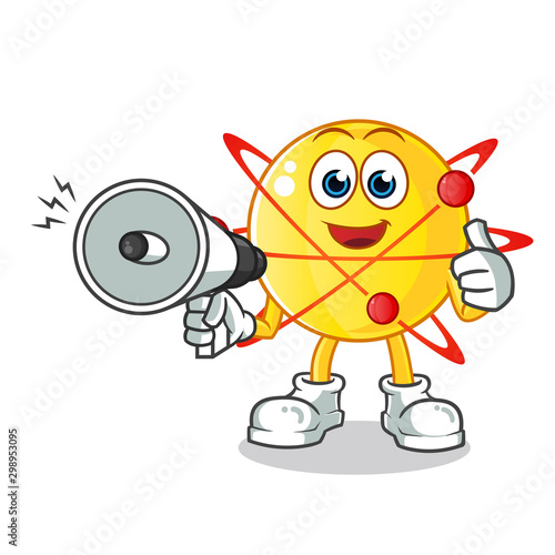 atom hold handy loudspeaker mascot vector cartoon illustration