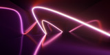 Neon lights, glowing lines, ultraviolet, vibrant colors, abstract background. 3D illustration. 