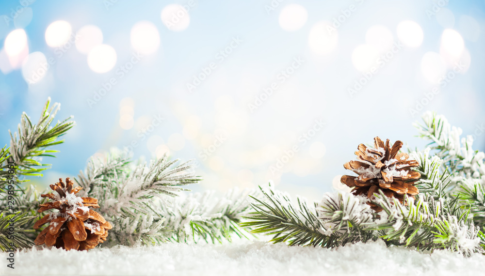 Fototapeta Bożenarodzeniowe jedlinowe gałąź z sosnowymi rożkami na zamazanym błękicie Tło. Koncepcja świąteczno-zimowa ..
