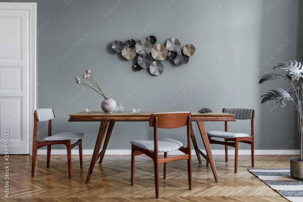 Modern dining room interior with glamour wooden table , stylish chairs and design decoration. Template. Home decor.  - obrazy, fototapety, plakaty 