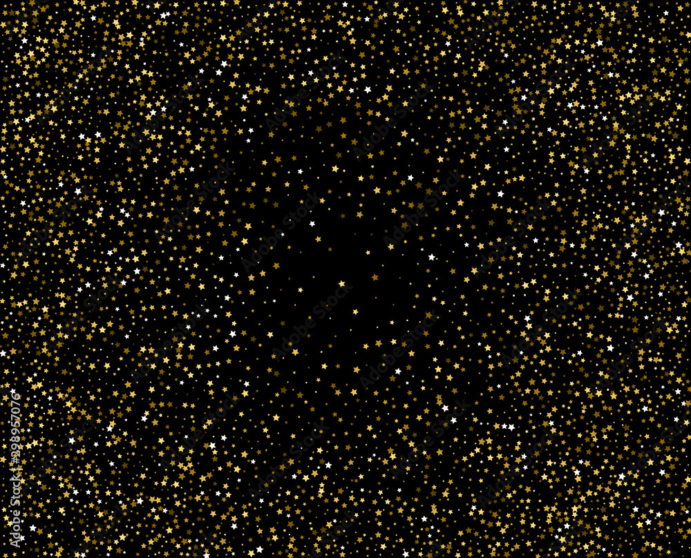 Abstract pattern of random falling gold stars on black