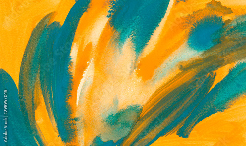 Abstract turquoise and orange watercolor background. The color splashing in the paper.