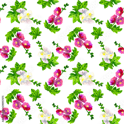 Pink purple mallow with leaves. White mallow. Seamless pattern. Hand drawn watercolor illustration. Texture for print, fabric, textile, wallpaper.