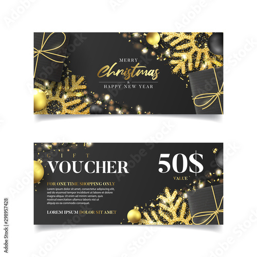 Gift voucher for Christmas sale. Vector illustration with realistic black gift boxes, garlands, Christmas balls, snowflakes and confetti. Discount coupon usable for invitation or ticket.