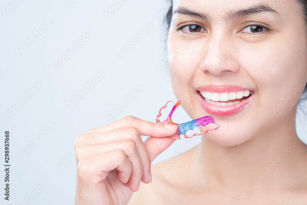 Close up beautiful teeth woman with braces teeth Close up beautiful teeth woman with braces teeth