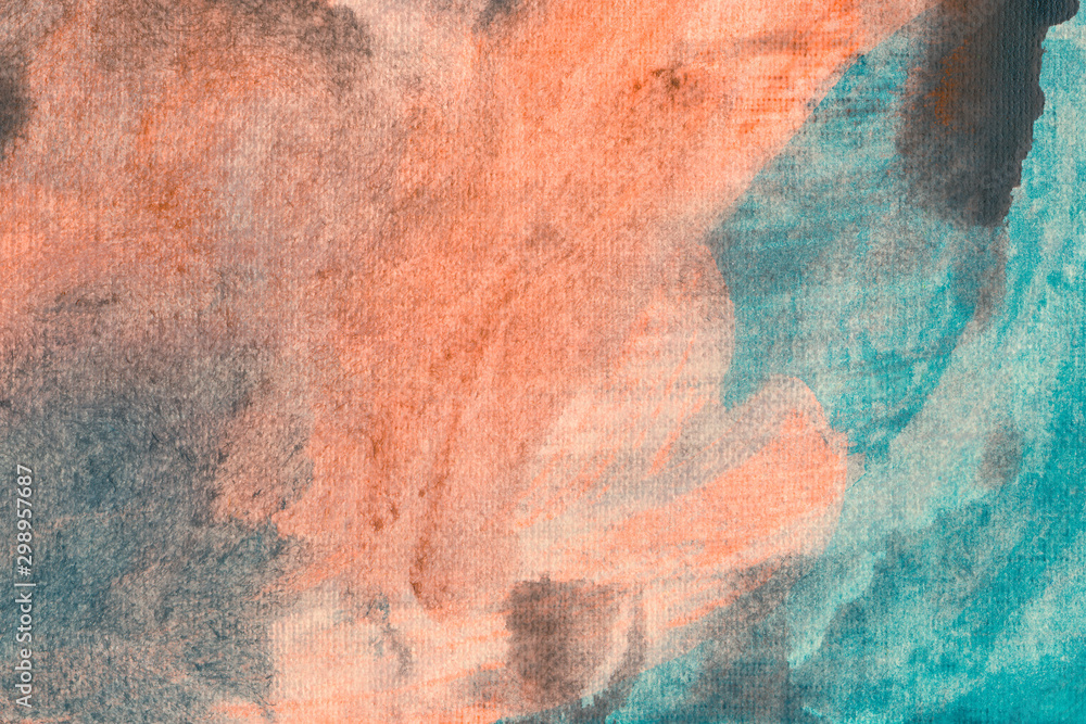Turquoise, orange and brown watercolor wallpaper. Hand drawn paintbrush swabs raster illustration.