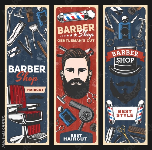 Barbershop chair, razors, poles and man with beard