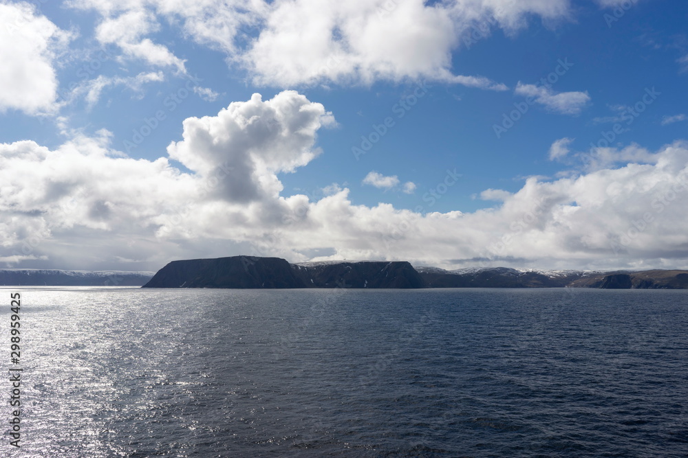 Coastline of the island Mageroya (Magerøya) in Norway, Europe in the Barents Sea. Mageroya belongs to the Nordkapp municipality and is the island where the North Cape is located.