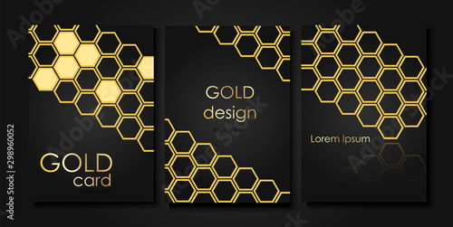 Invitation templates in gold style. Golden honeycombs on a black background.