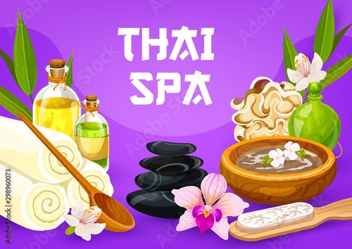 Thai massage spa oil and stones, towels and sponge