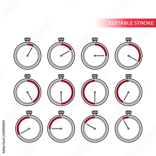 Timer dial clock thin line vector icon set. Stopwatch with minutes digit signs set.