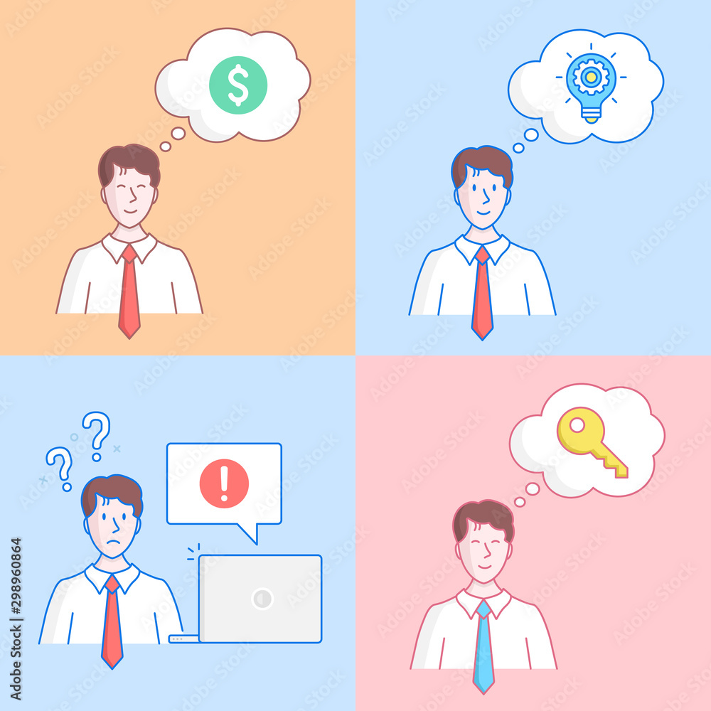 Office situations. Man with thinking bubbles and laptop. Business people. Money, salary, new idea, light bulb, computer error, key, solution concepts. Flat line design. Vector illustrations set Office situations. Man with thinking bubbles and laptop. Business people. Money, salary, new idea, light bulb, computer error, key, solution concepts. Flat line design. Vector illustrations set
