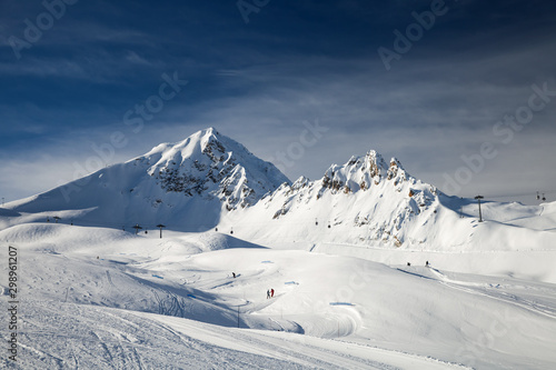 Panoramic view of mountain ski area in French Alps