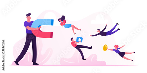 Social Media Concept. Man Holding Huge Magnet Attracting Likes, Feedback and Followers in Internet. Smm Influencer